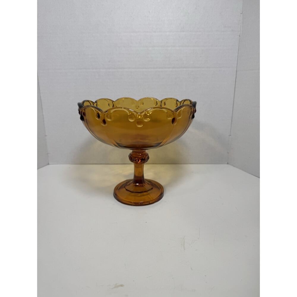 VINTAGE INDIANA GLASS AMBER "TEARDROP" PEDESTAL BOWL COMPOTE w/SCALLOPED RIM